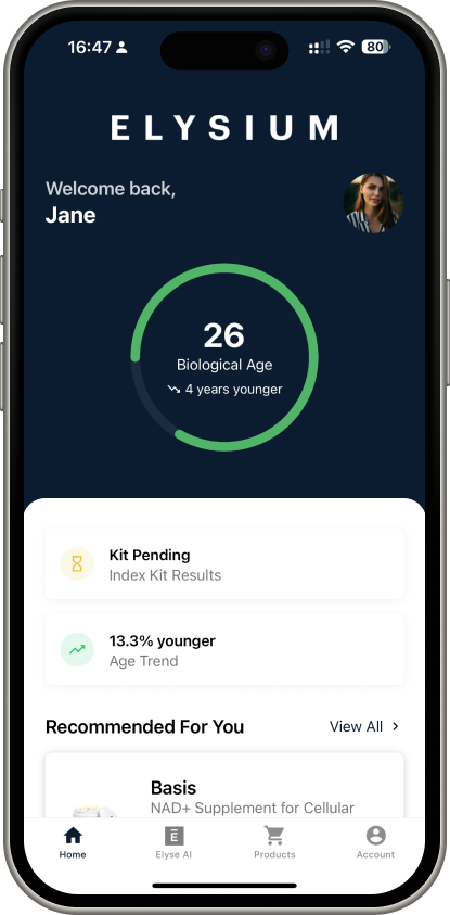 Elysium App home screen with biological age dashboard