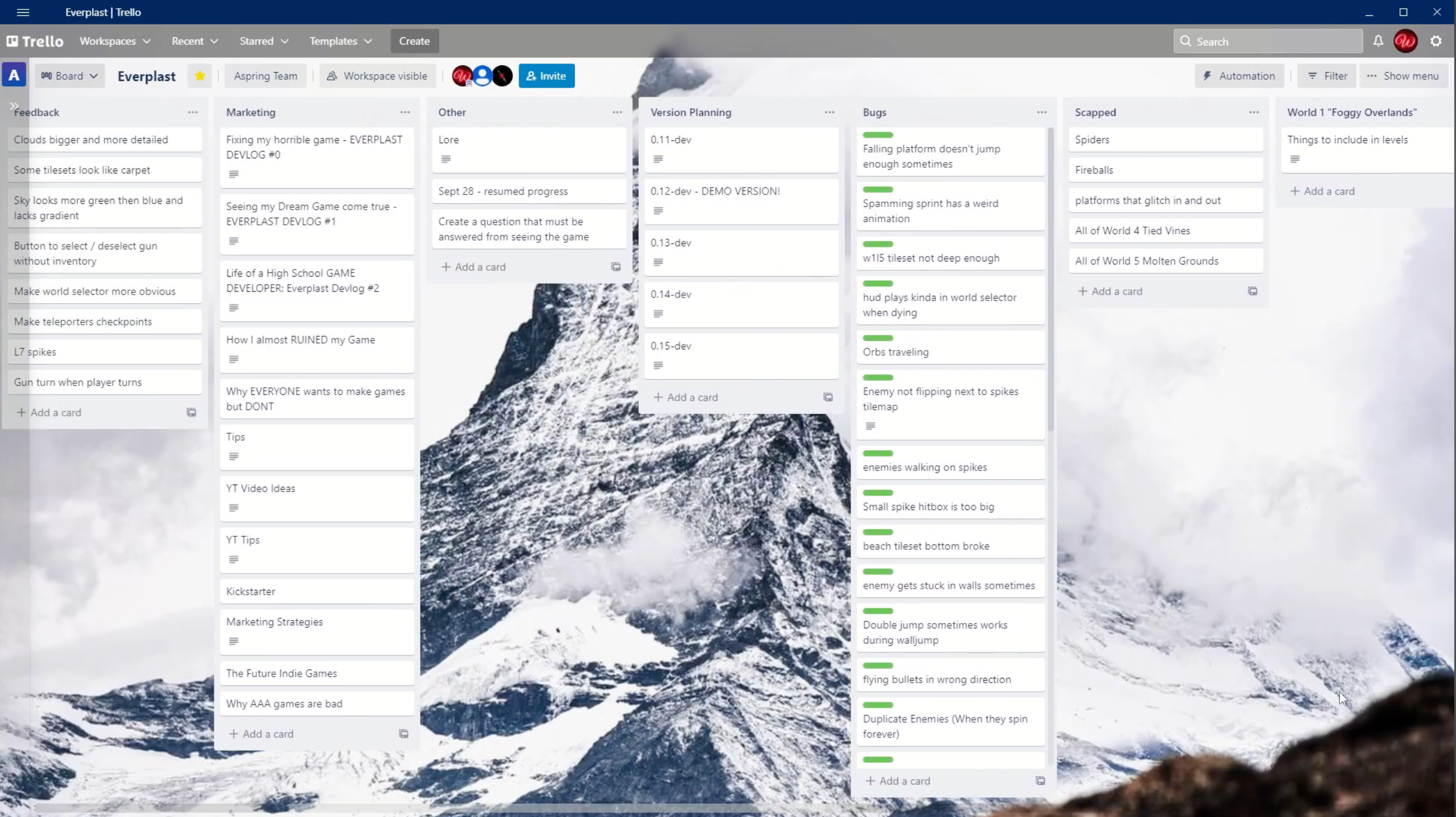 Trello planning board for Everplast