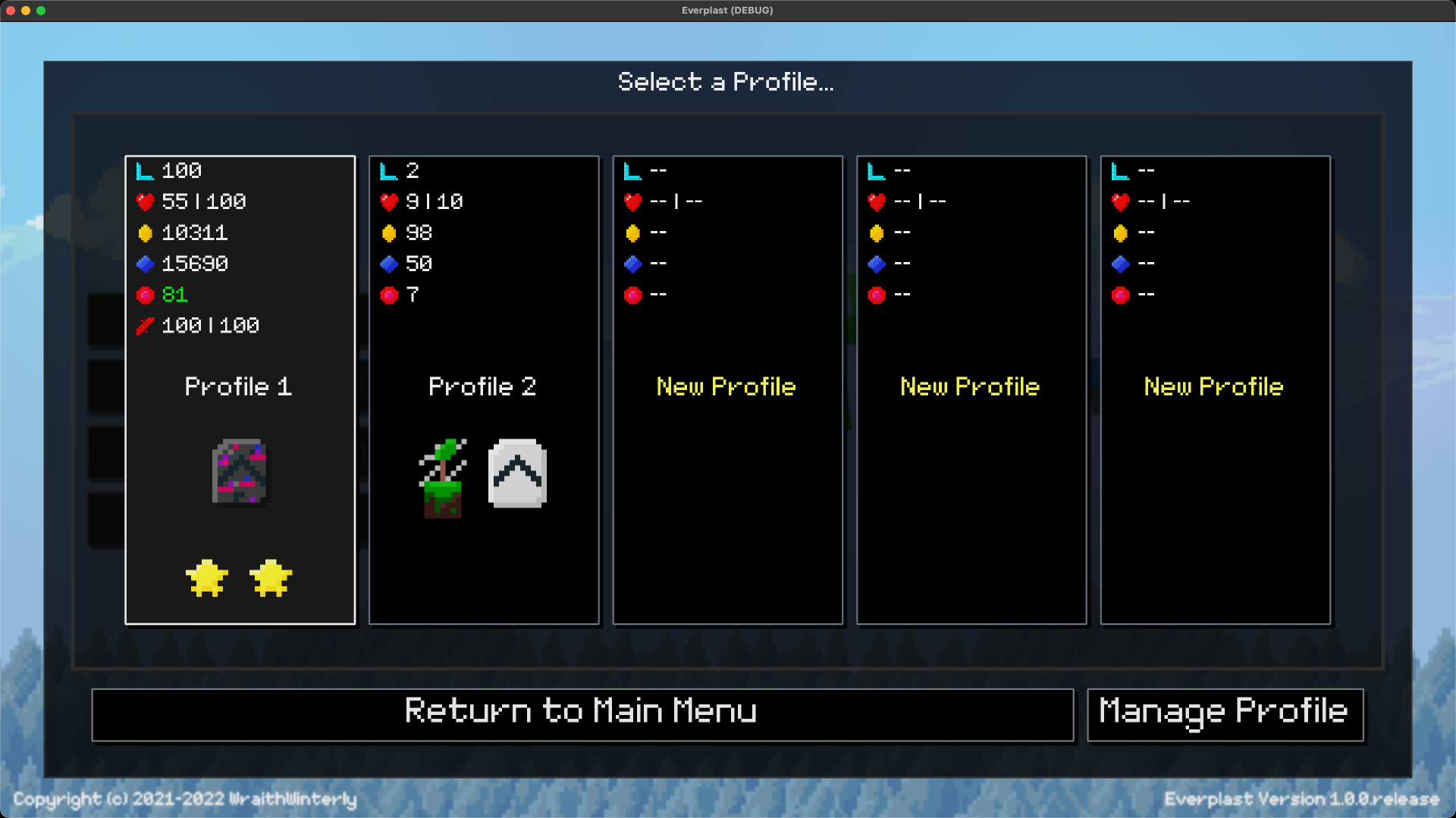 Save profile selection screen showing five save slots with stats