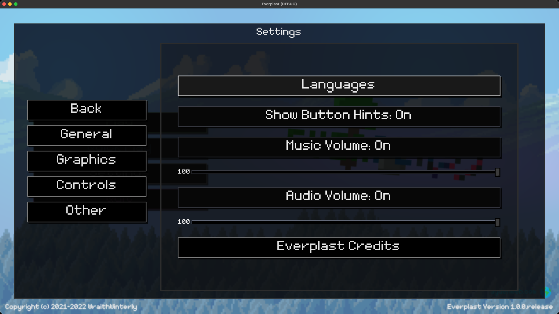 In-game settings menu showing audio sliders, graphics options, and control remapping