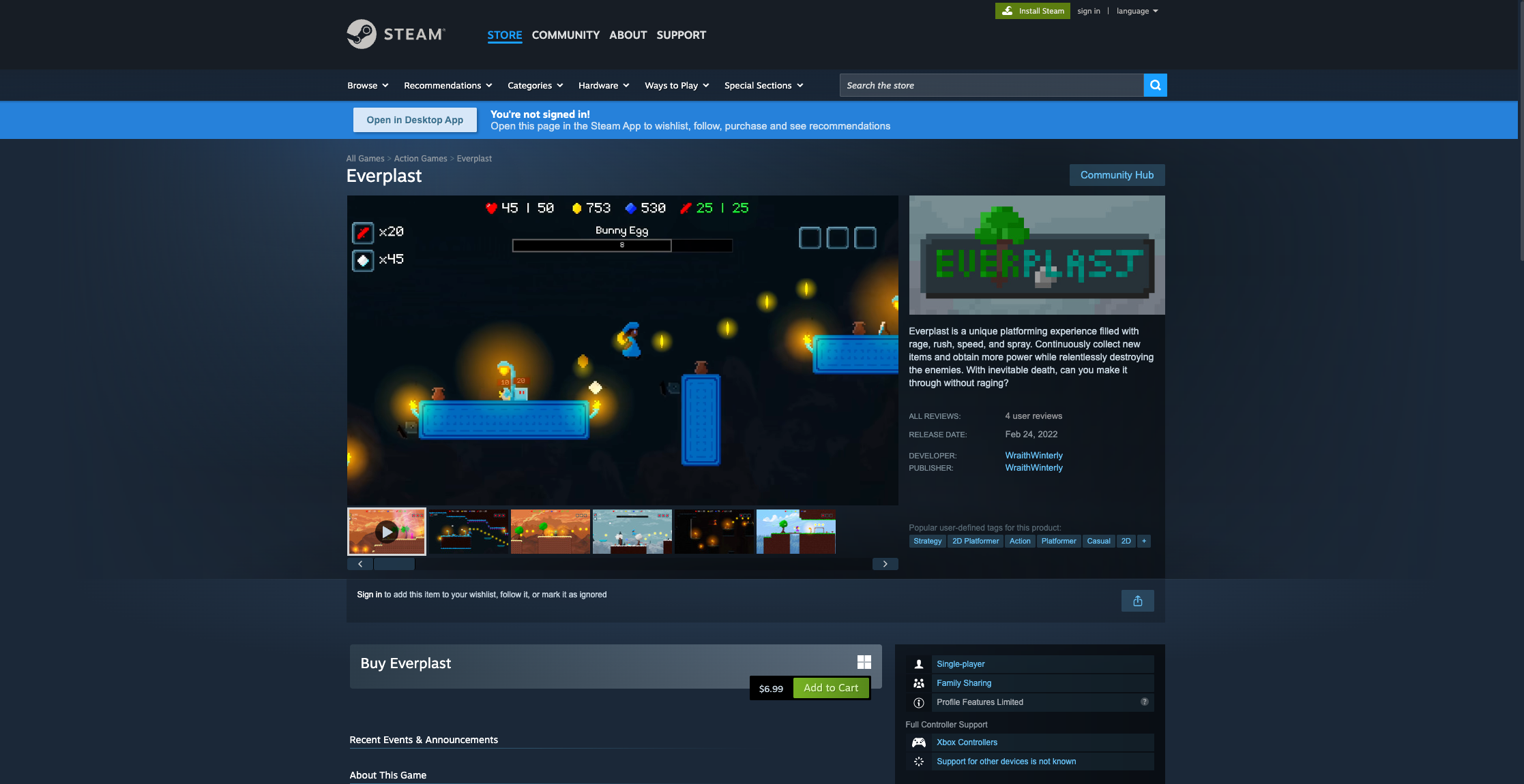 Everplast Steam store page showing the listing, price, description, and tags