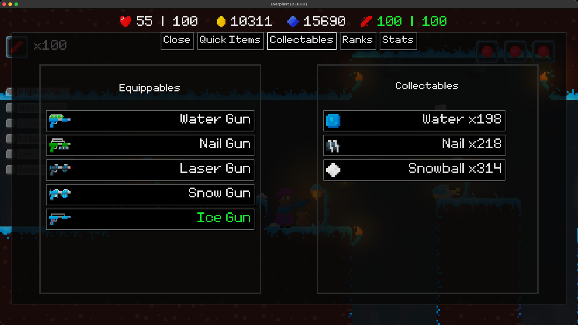 The five equippable weapons in the game