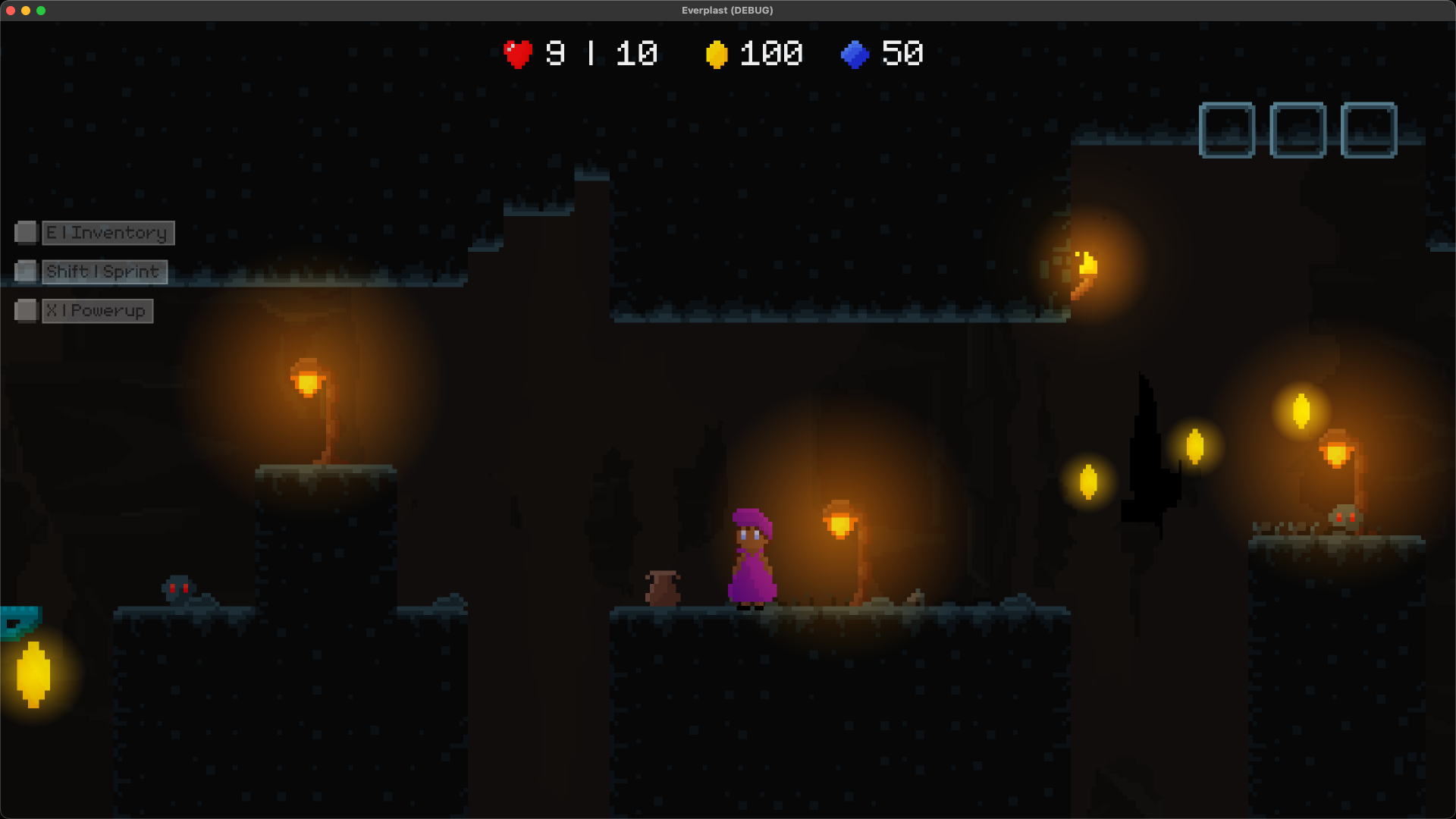 Cave subsection with glowing platforms, ice hazards, and scattered orbs