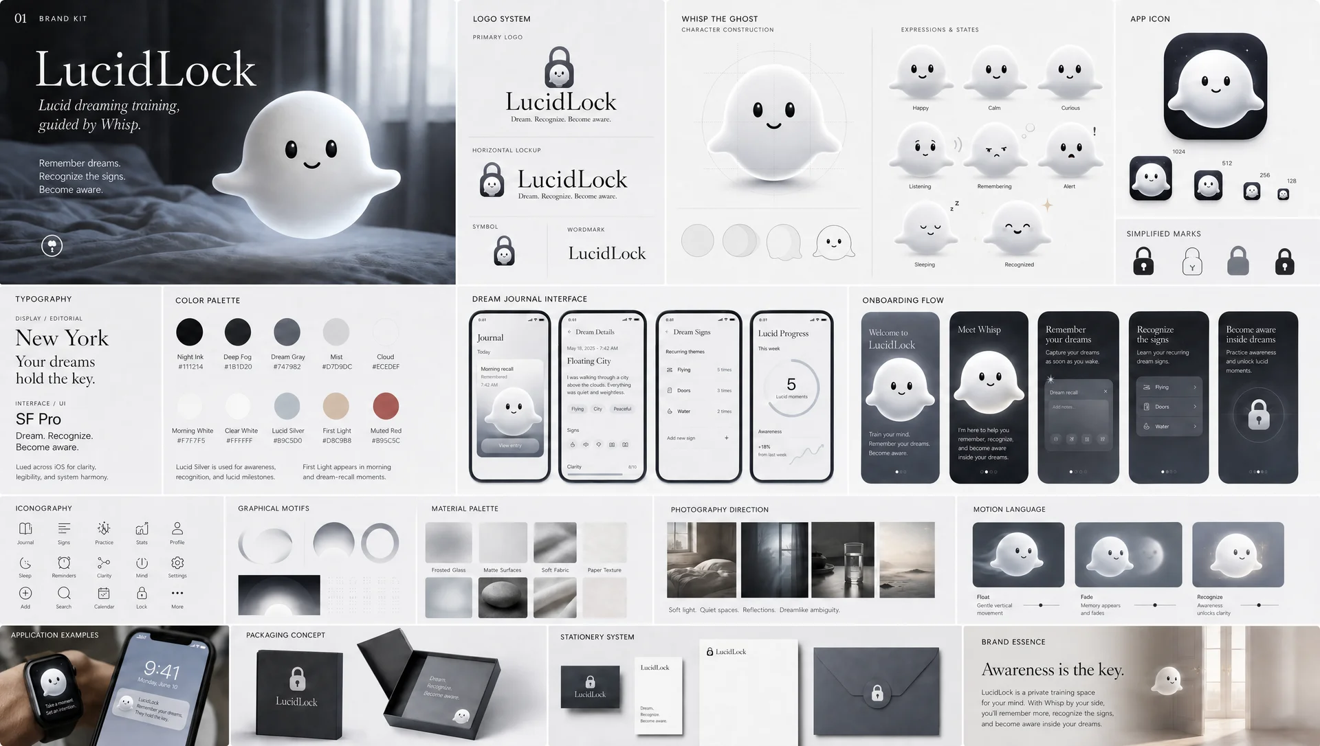 The Lucid Lock brand board with logo system, Whisp construction and expressions, color palette, typography, journal and onboarding mockups