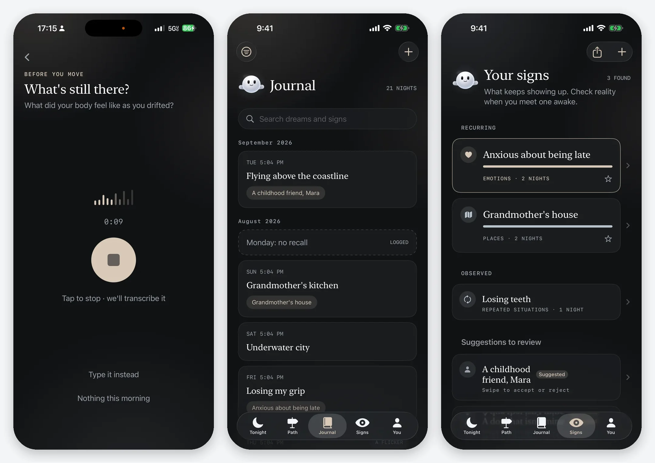 Three iPhone screens from Lucid Lock: voice capture, the dream journal, and recurring dream signs