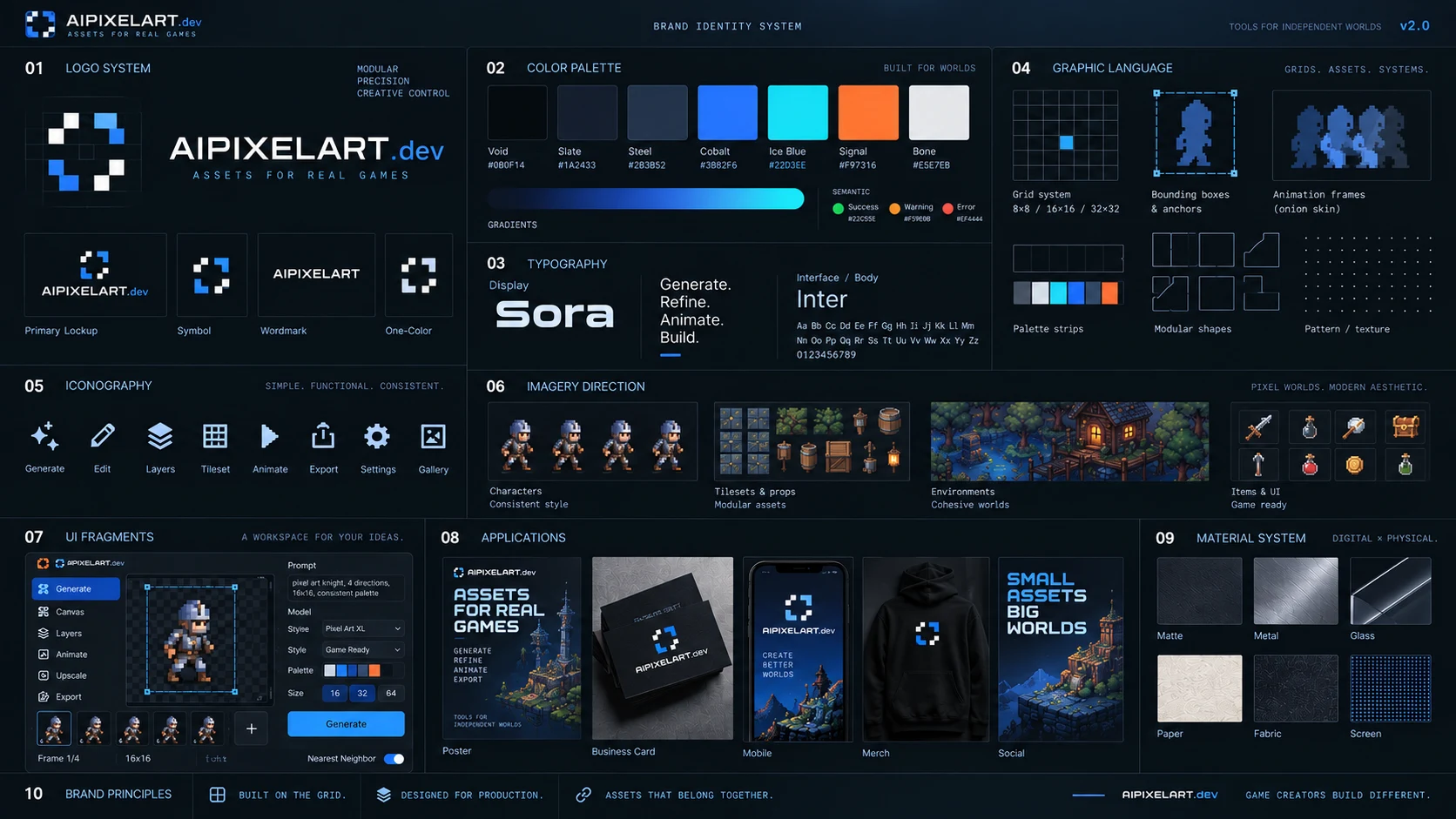 Brand identity board with logo system, color palette, typography, graphic language, iconography, imagery direction, UI fragments, and applications