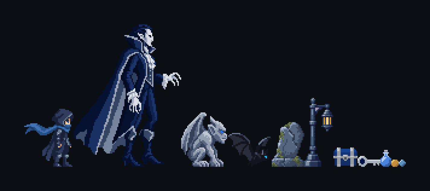 The gothic sprites on their own: the hero, the vampire boss, a gargoyle, a bat, a gravestone, a lantern, a chest, a key, a potion, a coin, and an orb