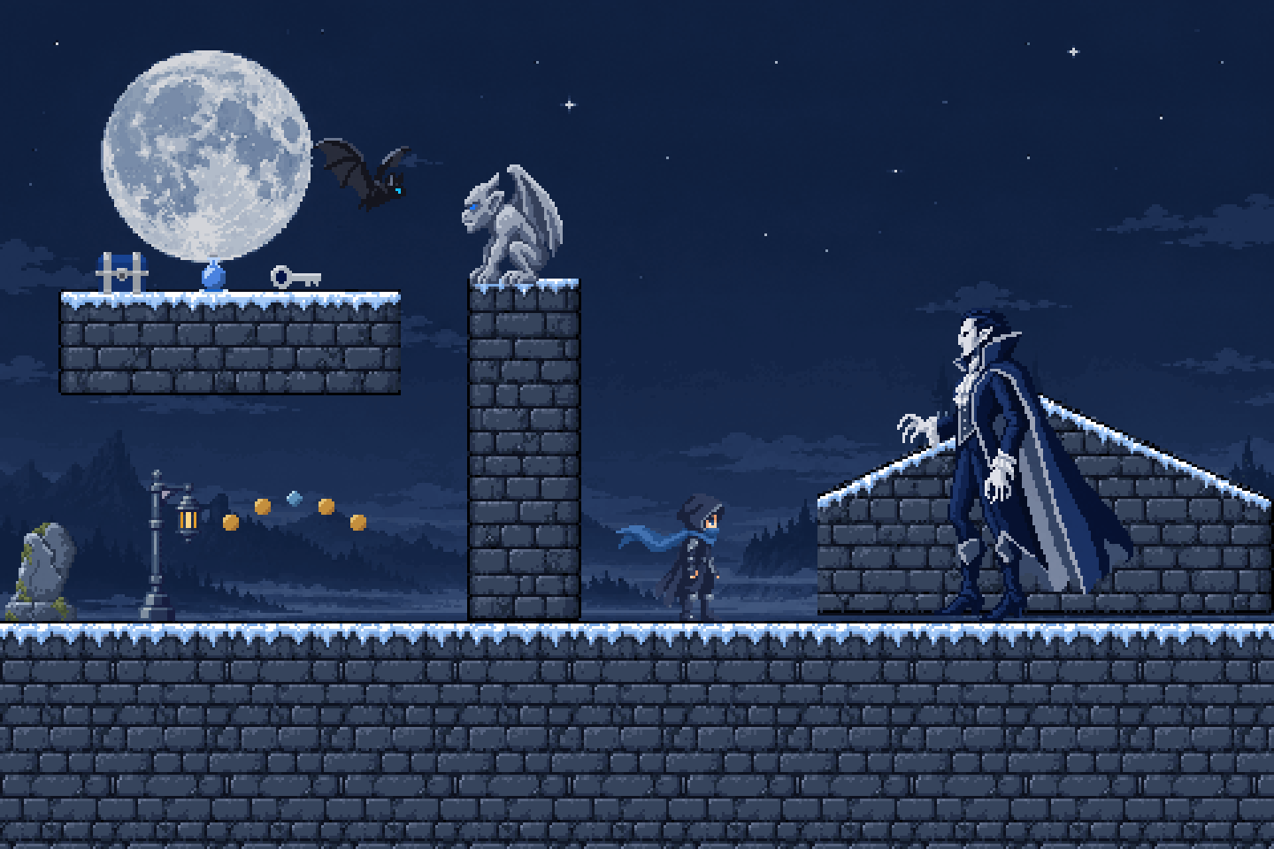 A moonlit gothic castle platformer level with a hooded hero, a bat, a gargoyle, props, coins, and a vampire boss