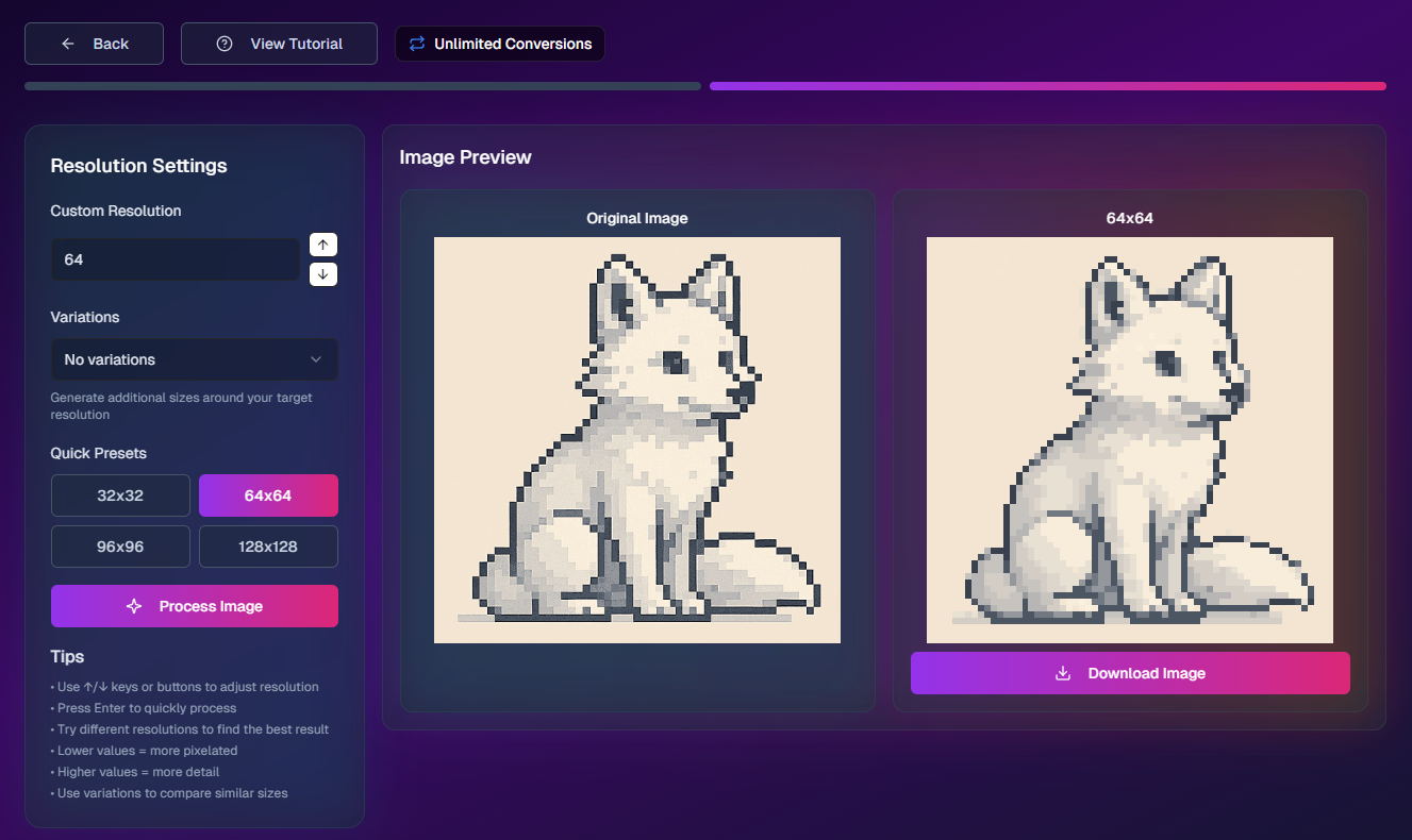 PixelNova conversion tool showing the original AI-generated arctic fox on the left and the 64x64 true pixel art conversion on the right, with resolution settings and quick presets