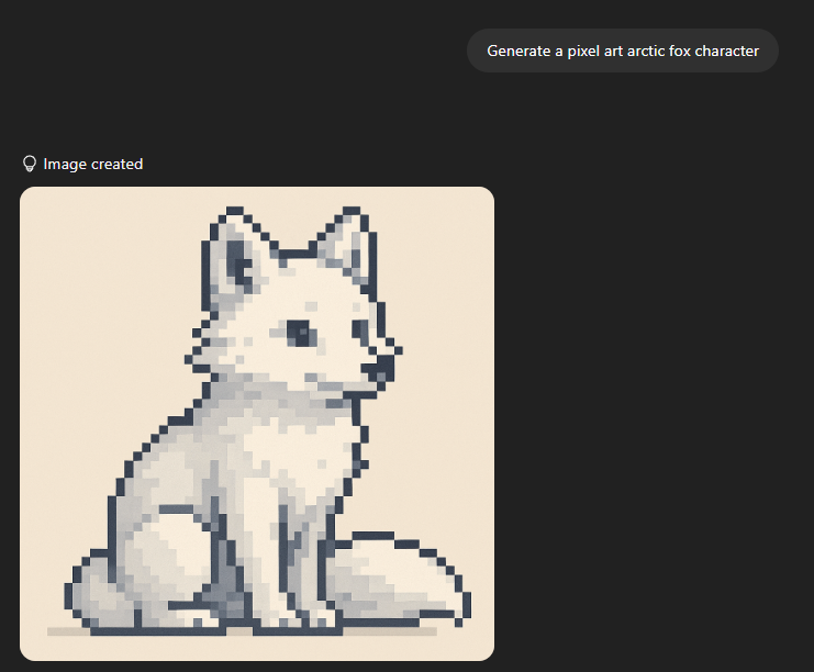 ChatGPT generating a pixel art arctic fox from the prompt 'Generate a pixel art white arctic fox character'