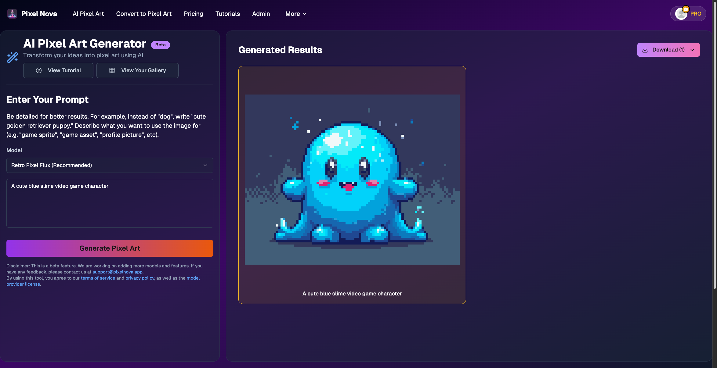 PixelNova AI generation interface
