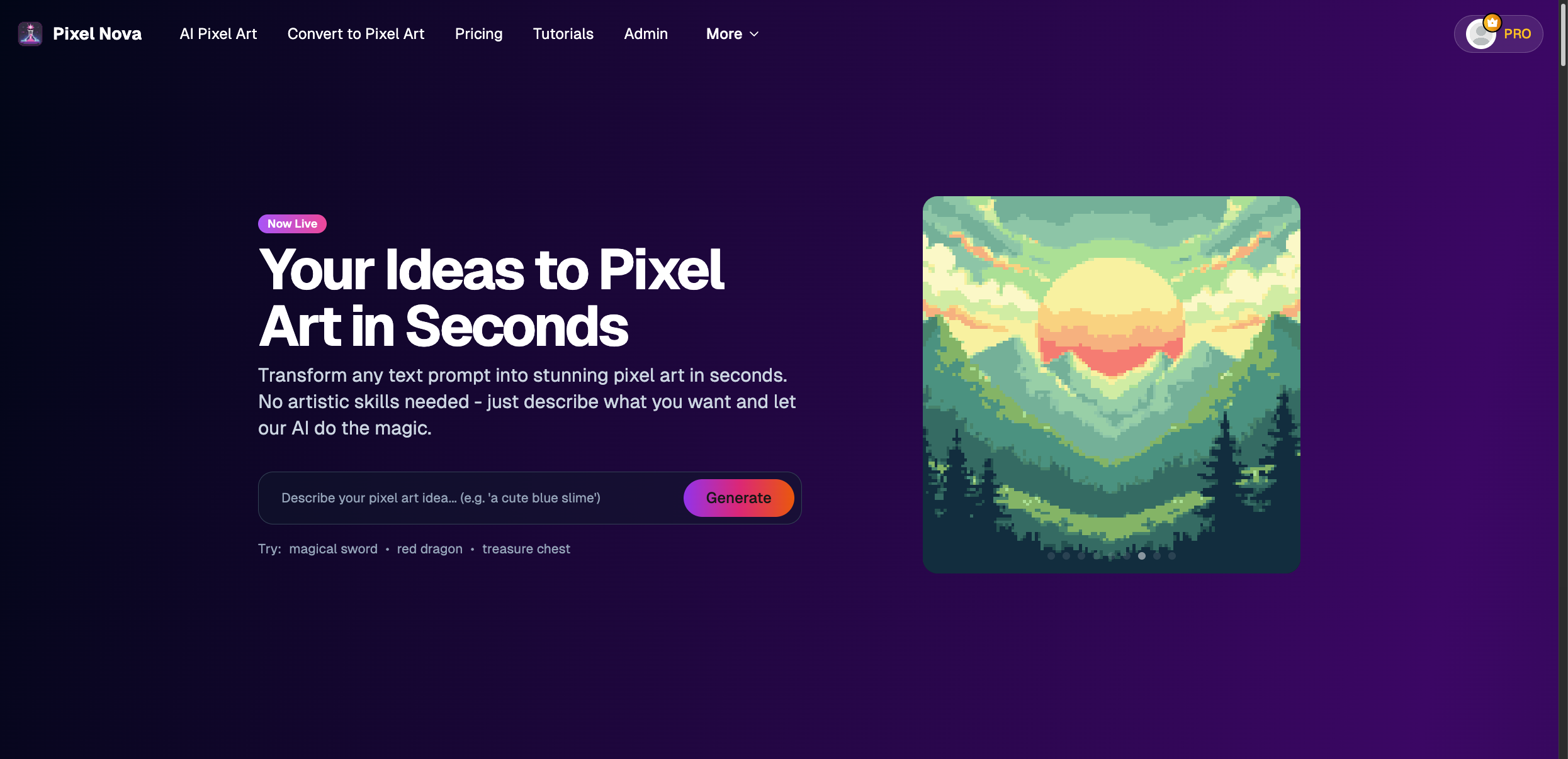 PixelNova homepage showing the prompt input, hero text, and a generated pixel art landscape