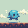Generated pixel art of a cute blue slime character jumping in a field, created from the prompt 'game sprite of a cute blue slime jumping'