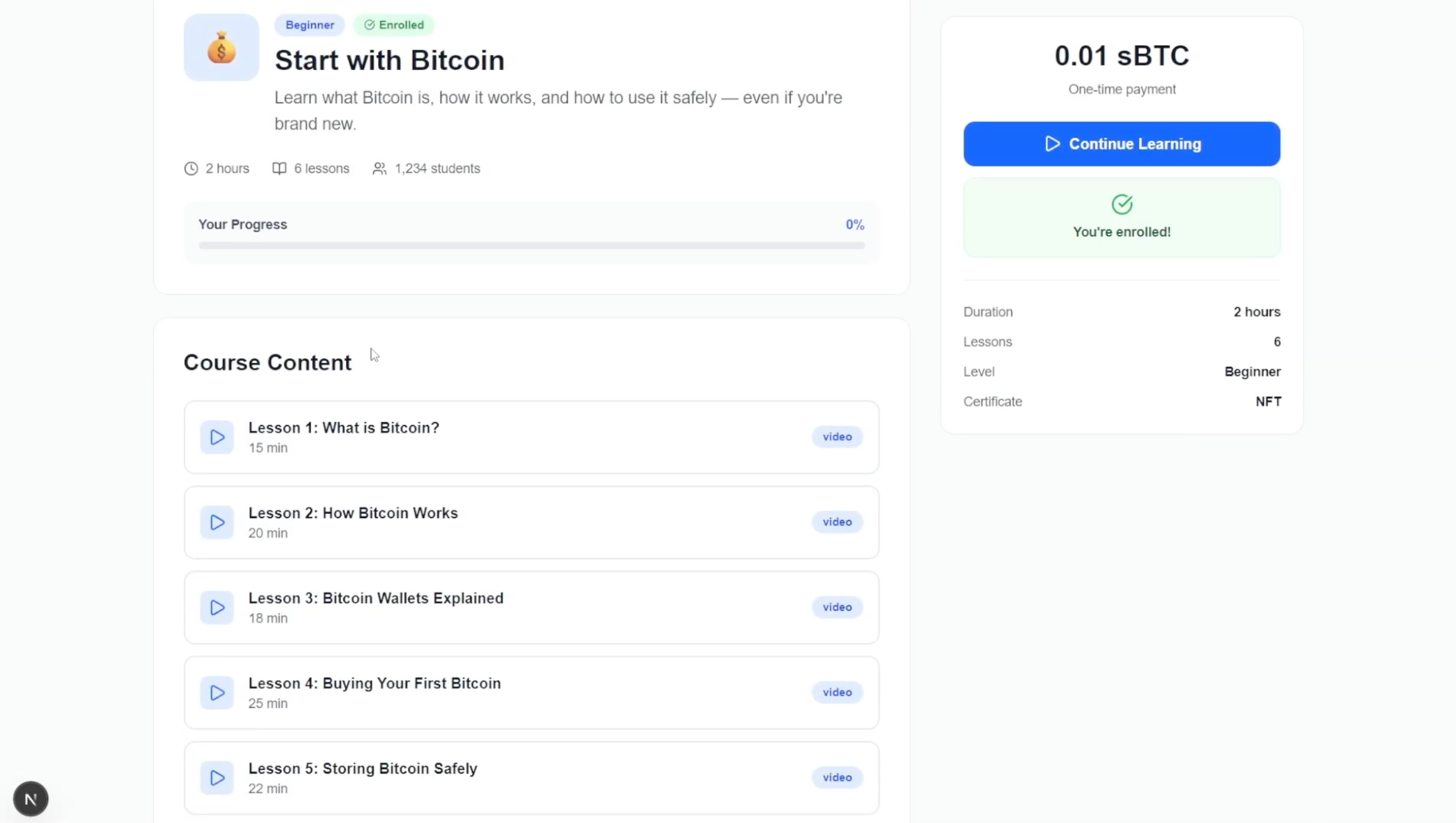 BTCU course detail showing 'Start with Bitcoin' course with 6 lessons, progress bar, and 0.01 sBTC price