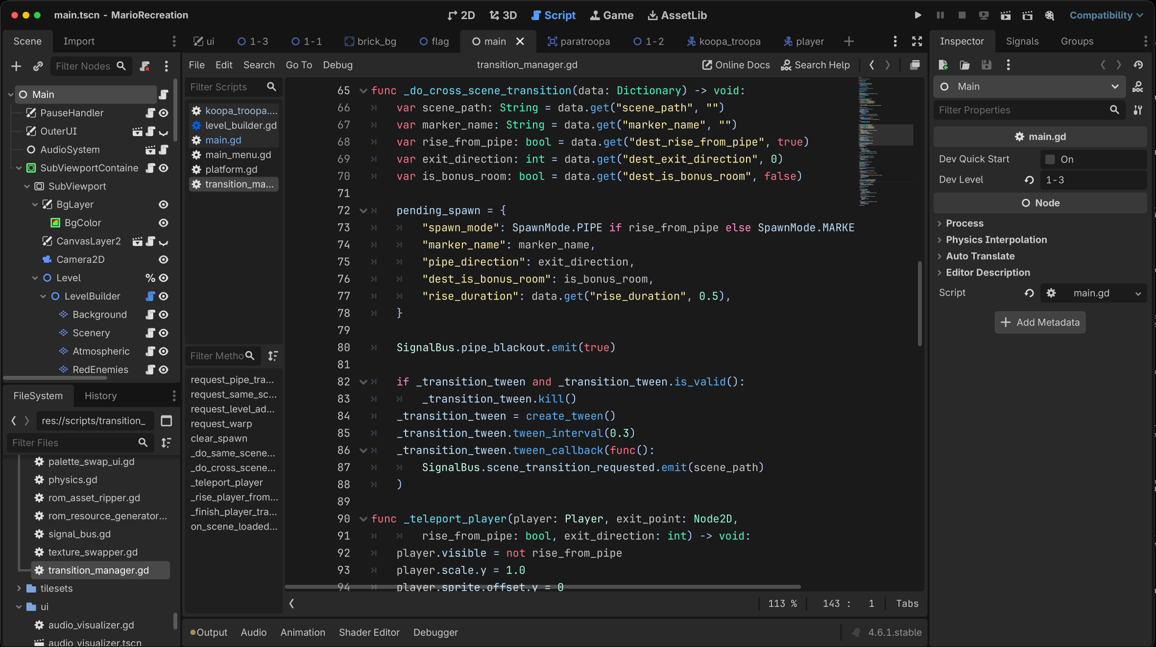 Transition manager script open in the Godot editor showing cross-scene transition and pipe teleport logic