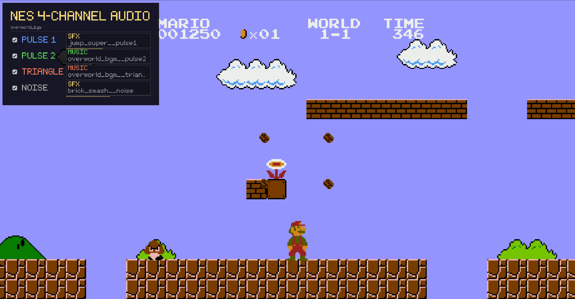 Gameplay with audio channel visualizer overlay
