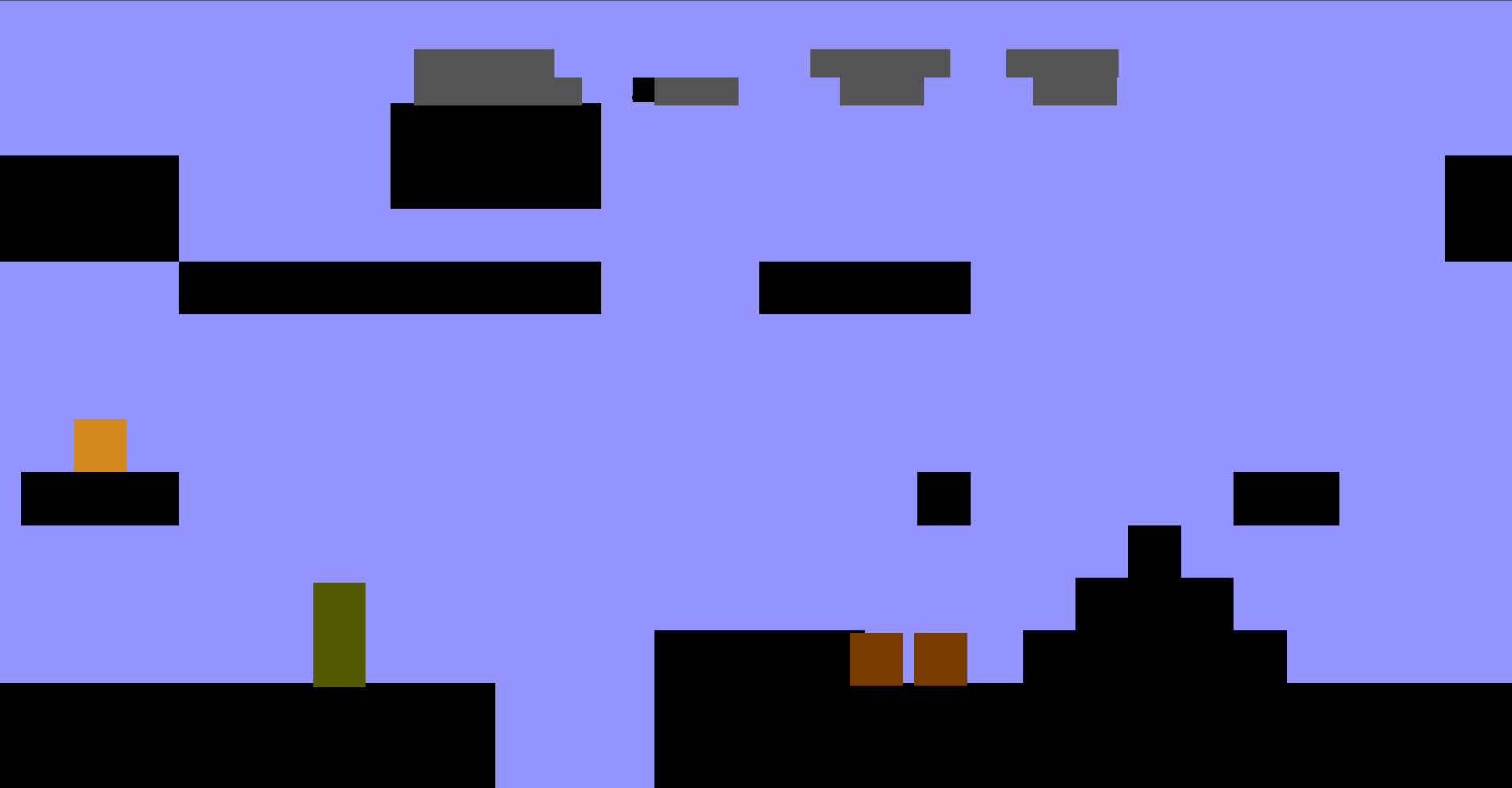 Game running without ROM assets, colored squares replacing every sprite and tile