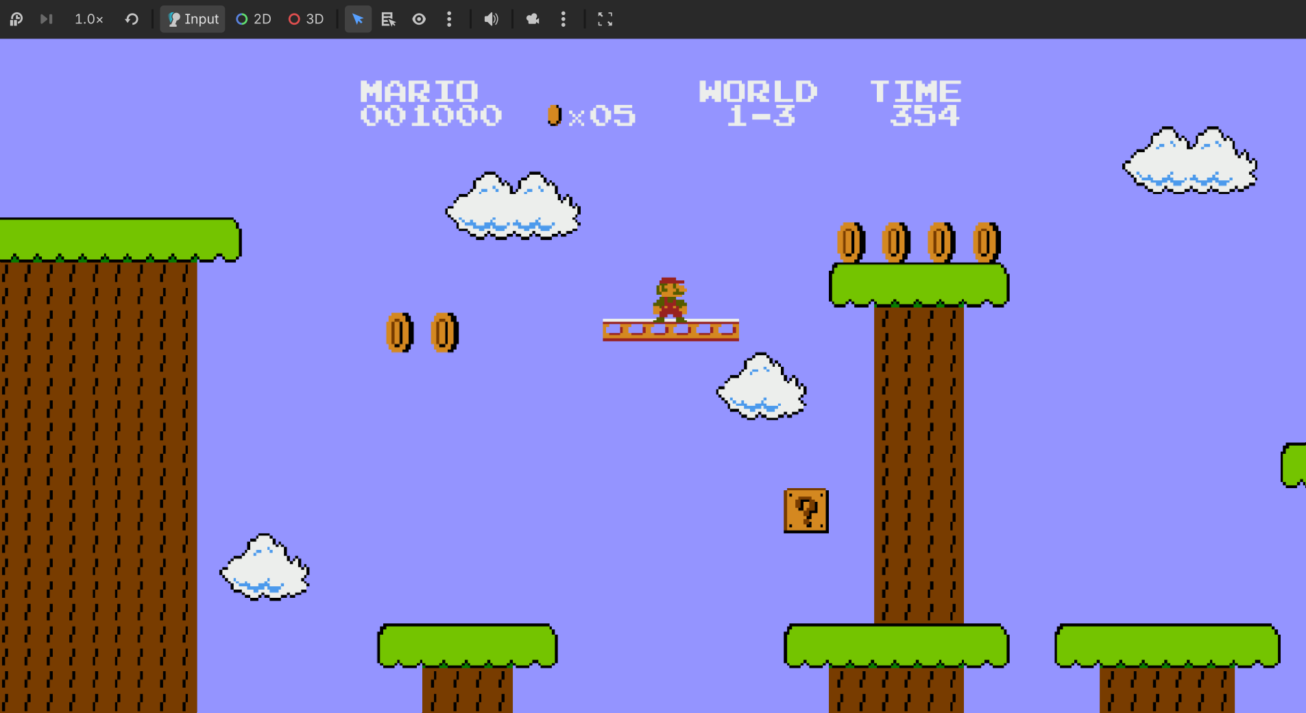World 1-3 gameplay with Mario on a moving platform surrounded by coins and tree platforms