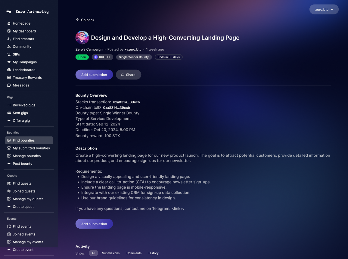 Find bounties interface with filtering and categorized bounty listings
