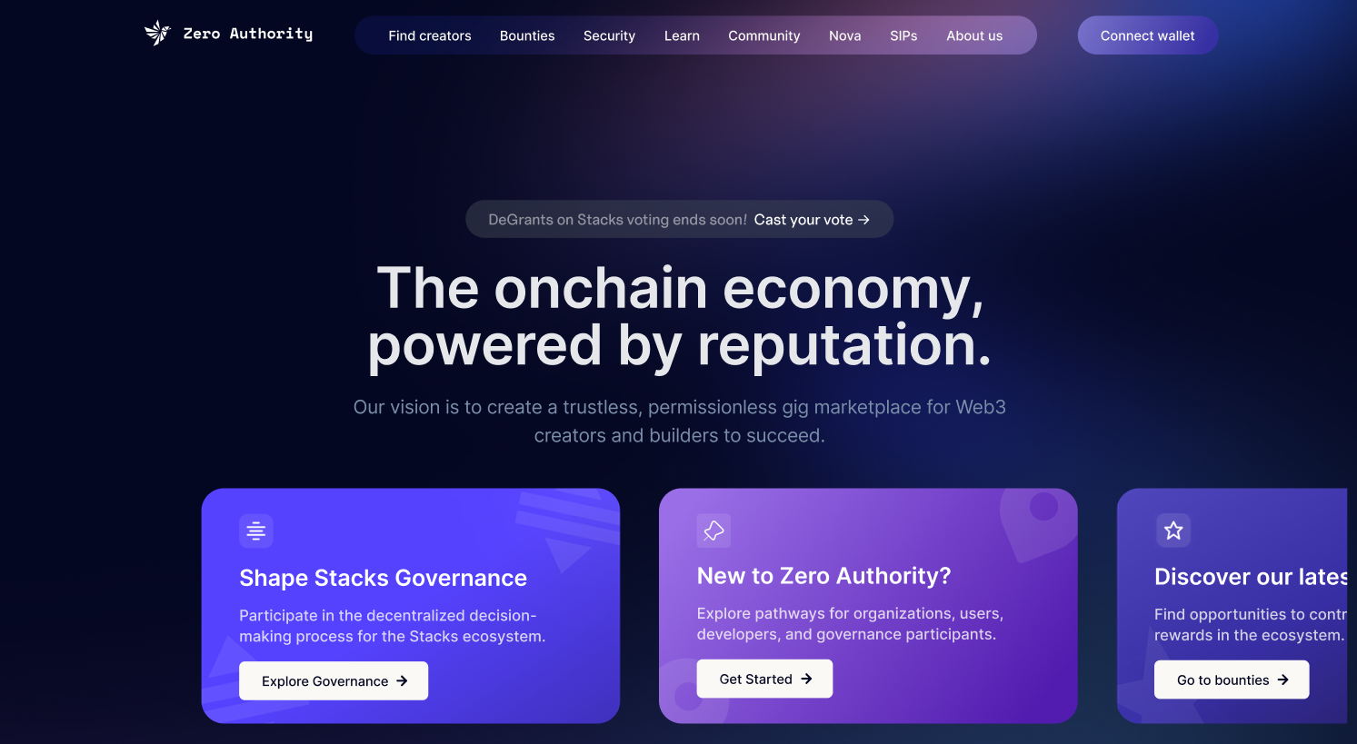 Zero Authority landing page showing the tagline: The onchain economy, powered by reputation
