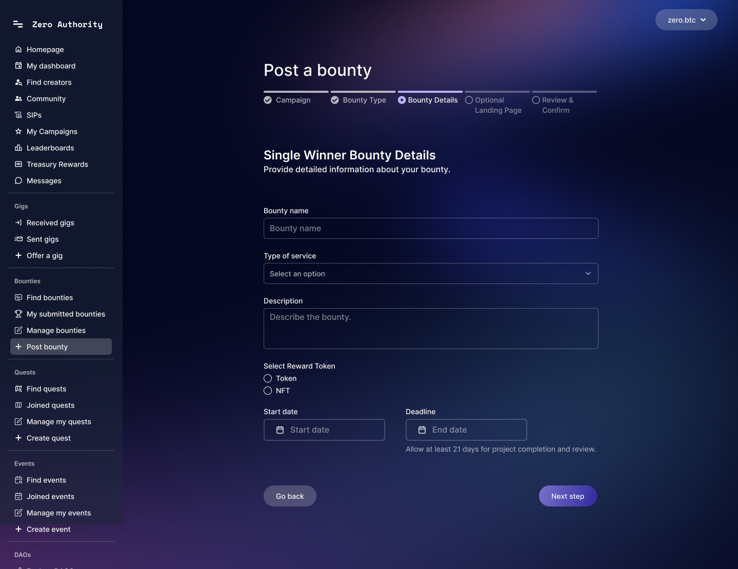 Post a bounty form with scope, budget, and milestone fields