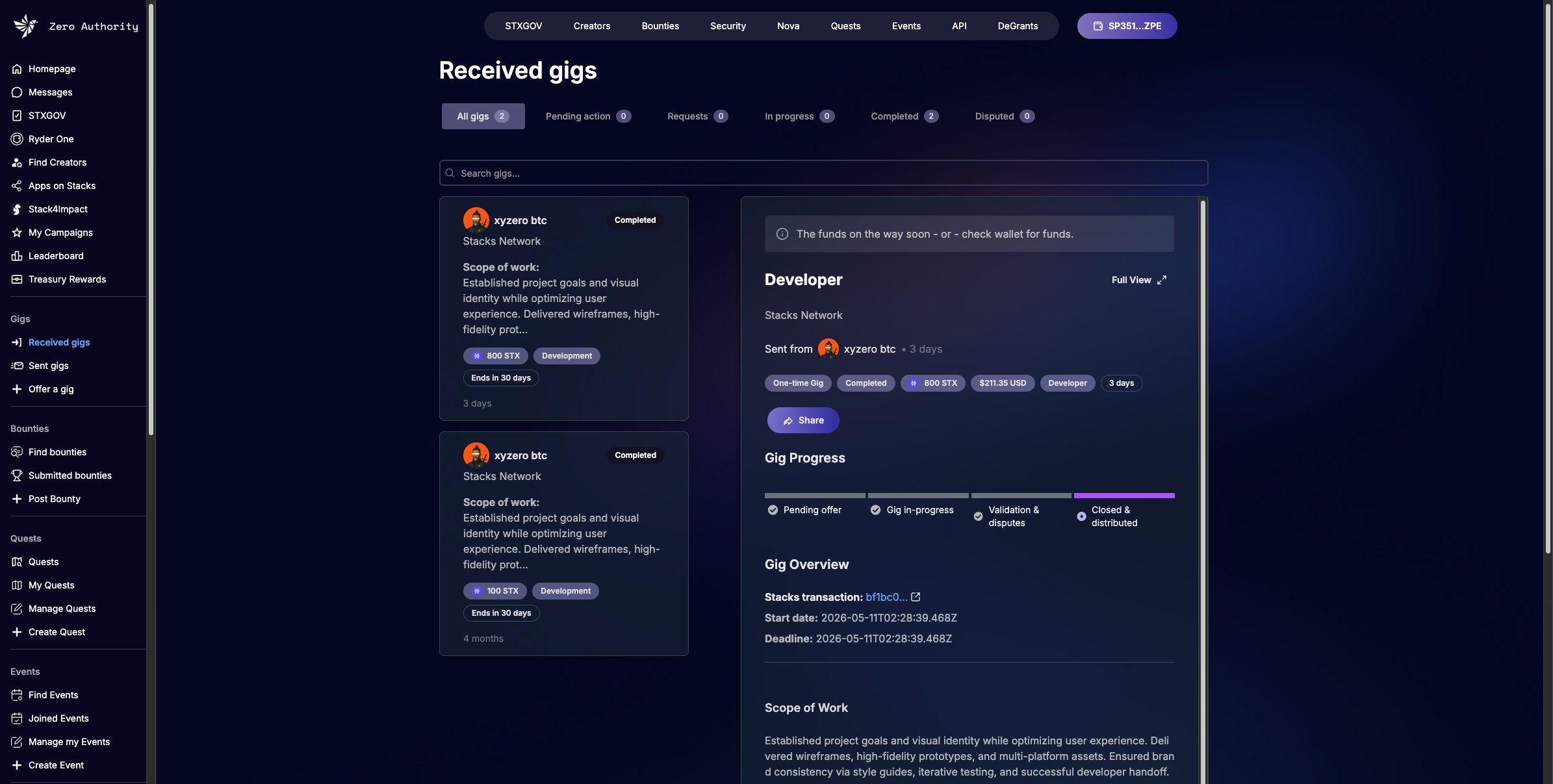 Zero Authority gig management interface showing received gig offers with status indicators