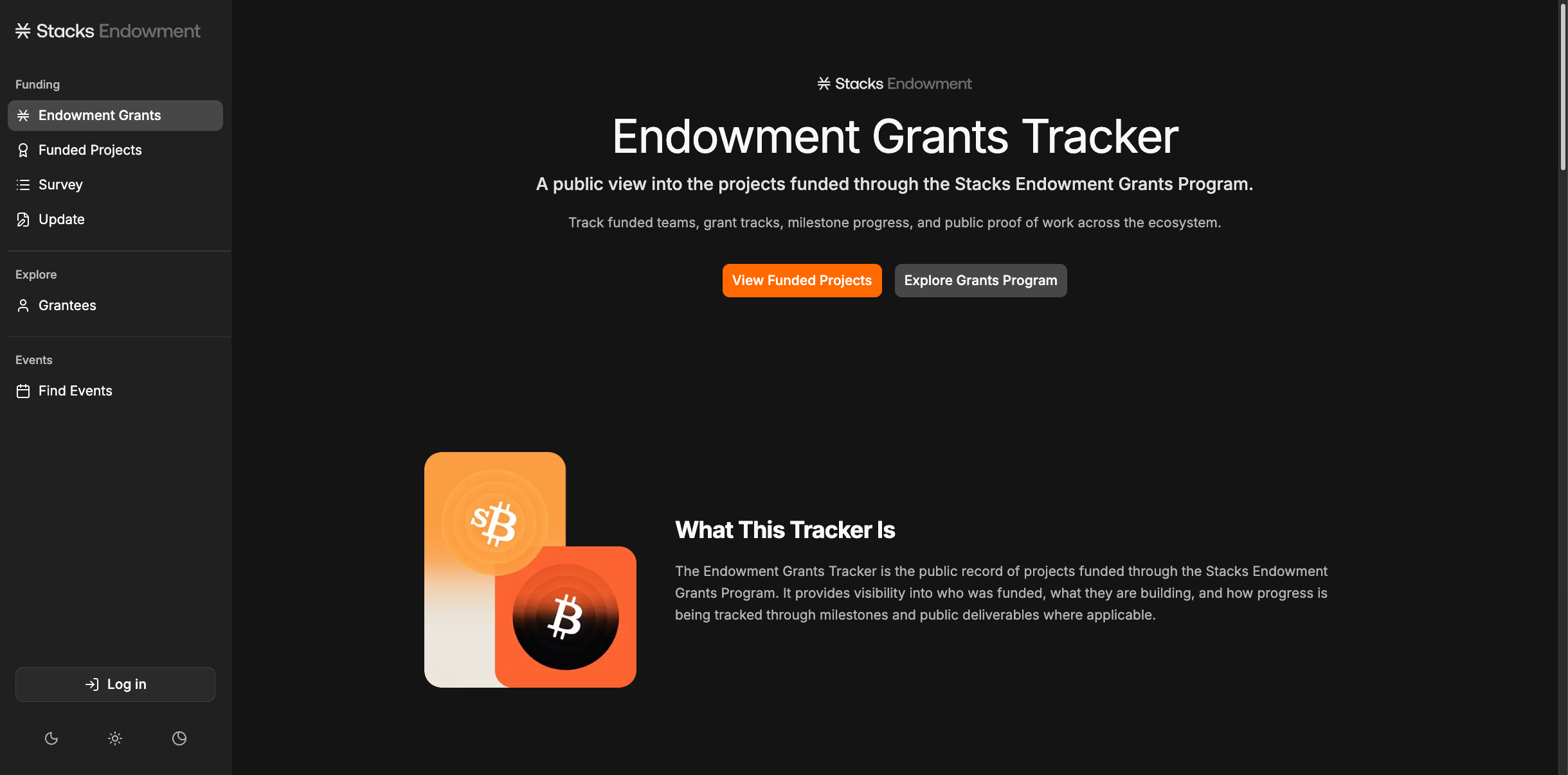 Stacks endowment site landing page showing mission and project overview without wallet integration